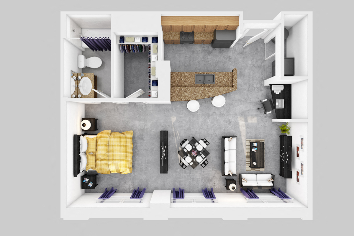 Floor plan for studio, 1 bath, 590 sqft